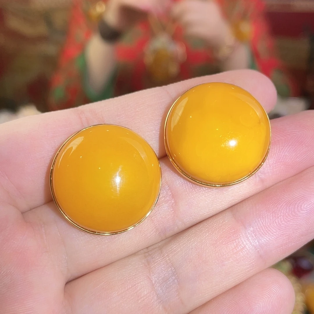 蜜蜡耳钉银S925镀金镶嵌