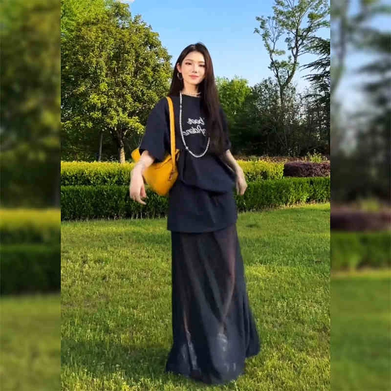 慵懒风休闲套装女2025夏季新款宽松短袖上衣网纱拼接半身裙两件套