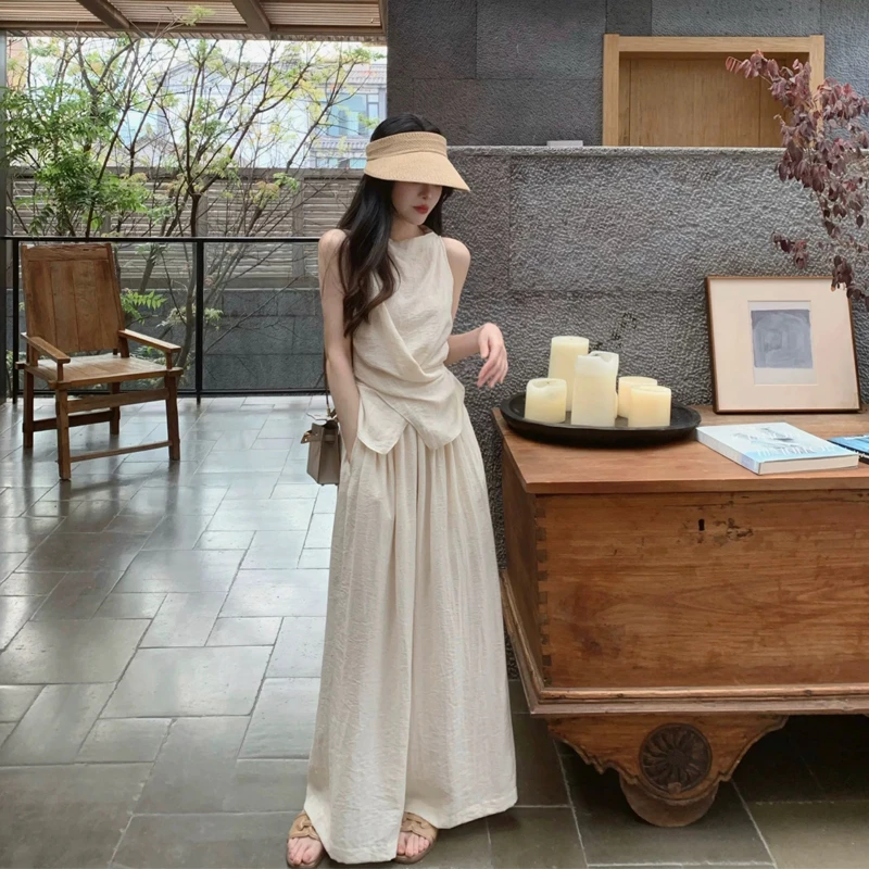 时尚纯欲辣妹气质绑带V领无袖背心上衣女2025夏季高腰阔腿裤套装