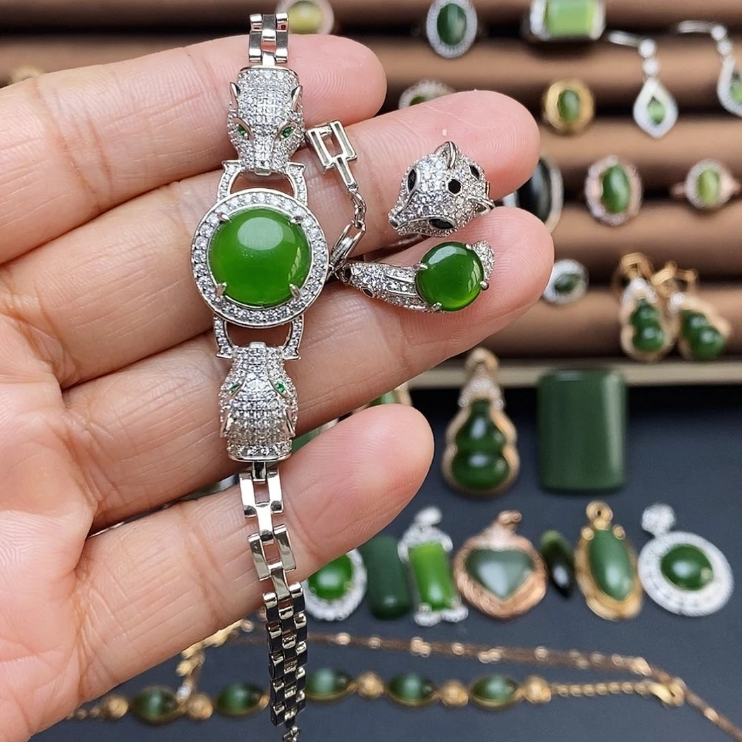 吊坠(不含链)银S925镶嵌和田玉（碧玉）套装