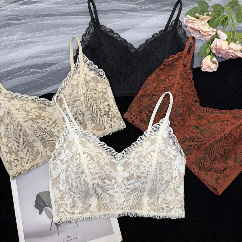 米娅林9584纯欲法式蕾丝薄款固定杯内衣女聚拢舒适性感美背抹胸