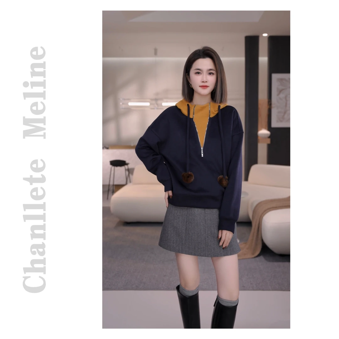 【Chanllete Meline】秋冬绵羊毛醋酸半拉链设计连帽卫衣8175