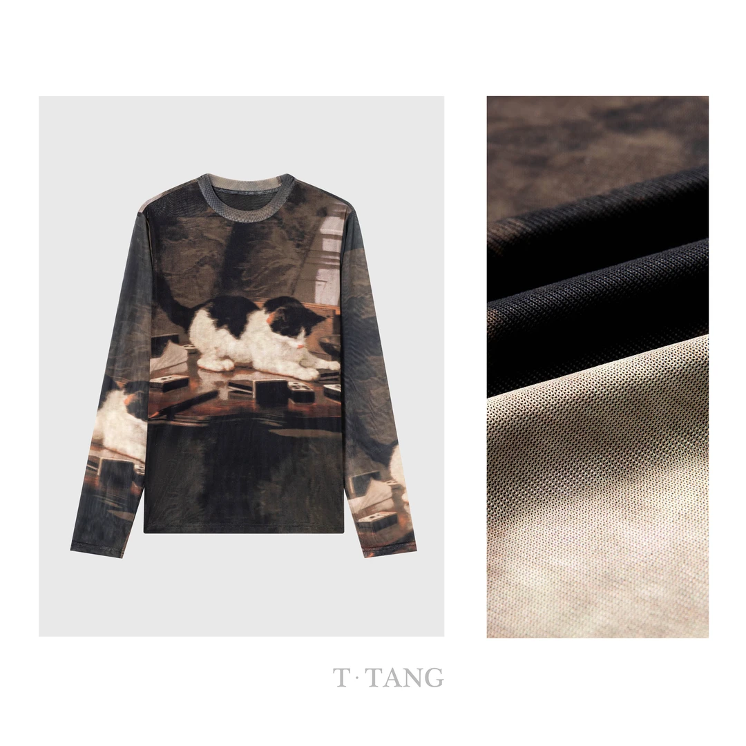 秋季新款90g加密韩国网（小猫印花）活性印染休闲圆领T恤【7325】TJ