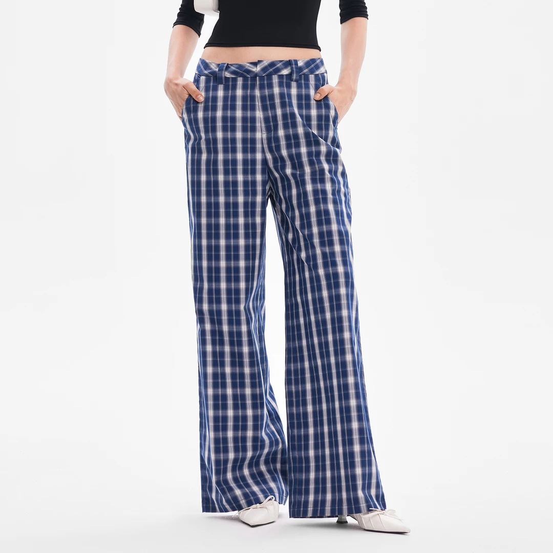 CALLED BACK格子休闲裤女秋季新款慵懒风高腰直排扣阔腿裤