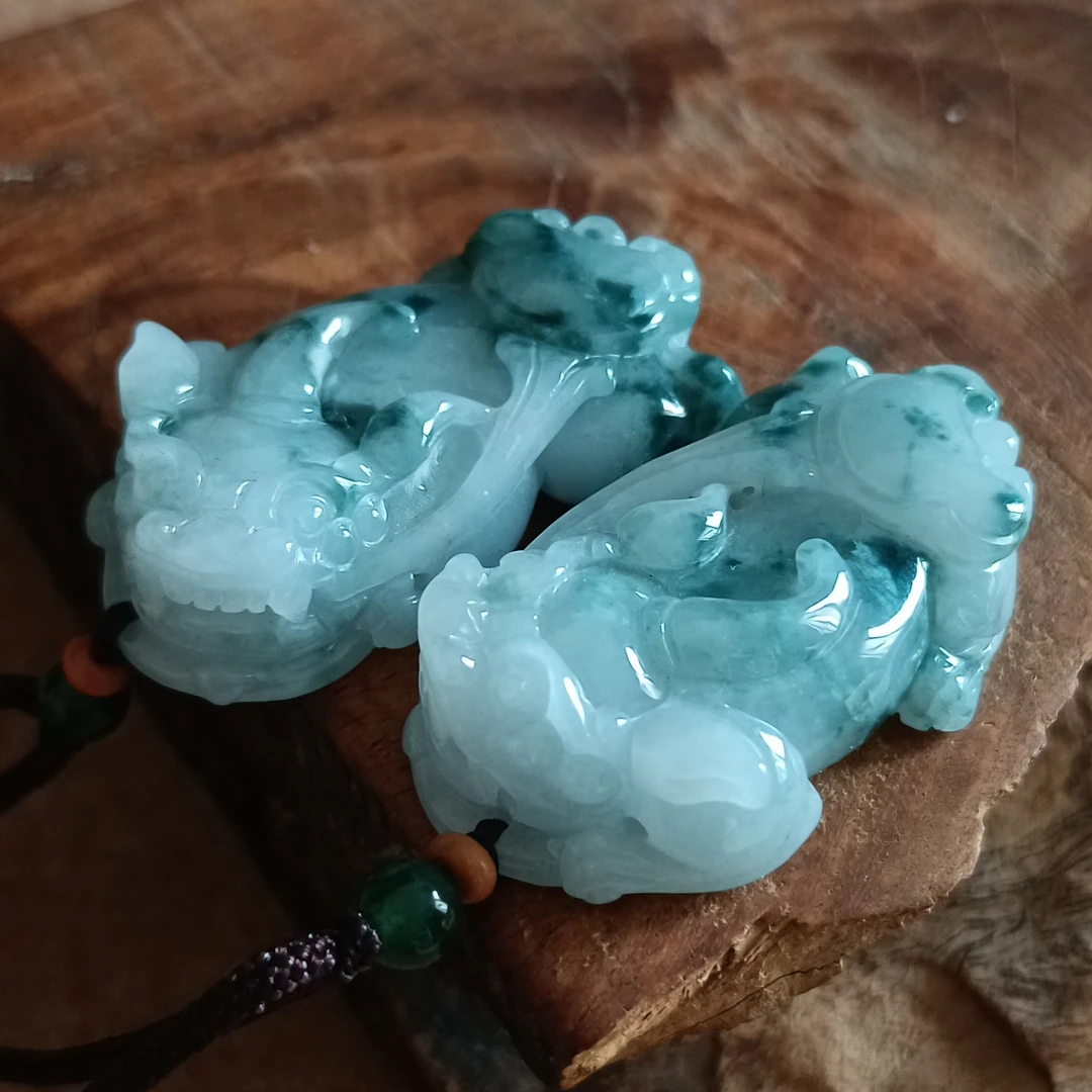 天然A货缅甸翡翠吊坠冰糯种满飘蓝花情侣款貔貅46.5*25*14.7挂件