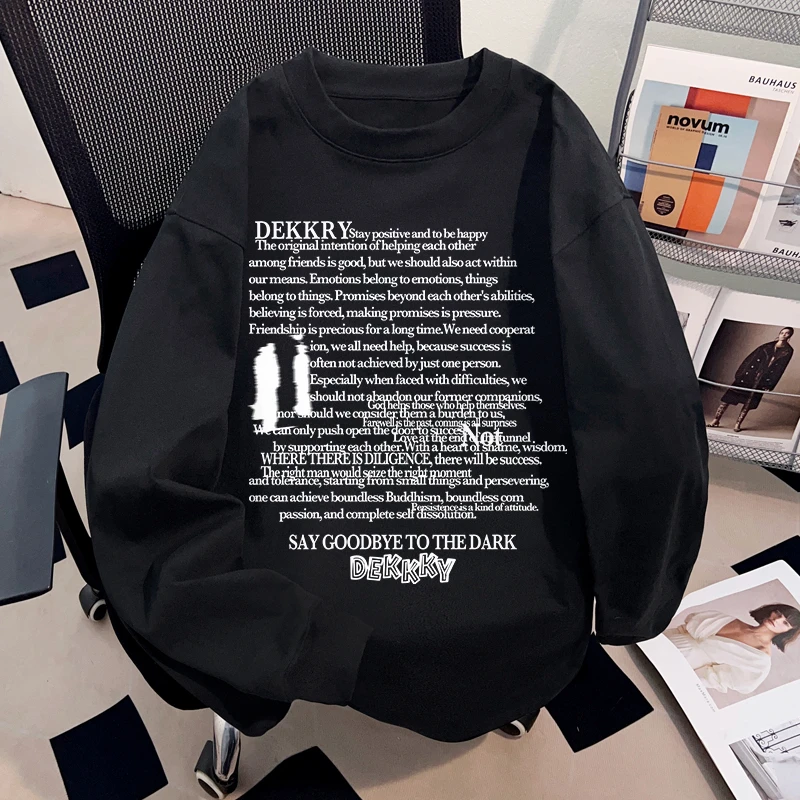 Dekkry潮流百搭创意字母秋冬纯棉长袖t恤男女休闲宽松情侣装上衣
