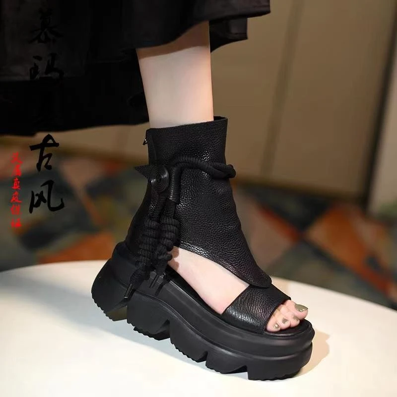 凉鞋女凉靴2025新款真皮镂空松糕底罗马凉鞋高帮松糕鞋古风罗马风