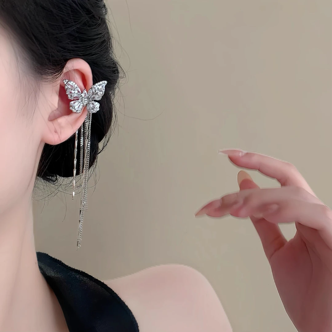 铜合金合成锆石耳饰 「云端漫步」绝美耳骨夹！长款流苏蝴蝶女无耳洞