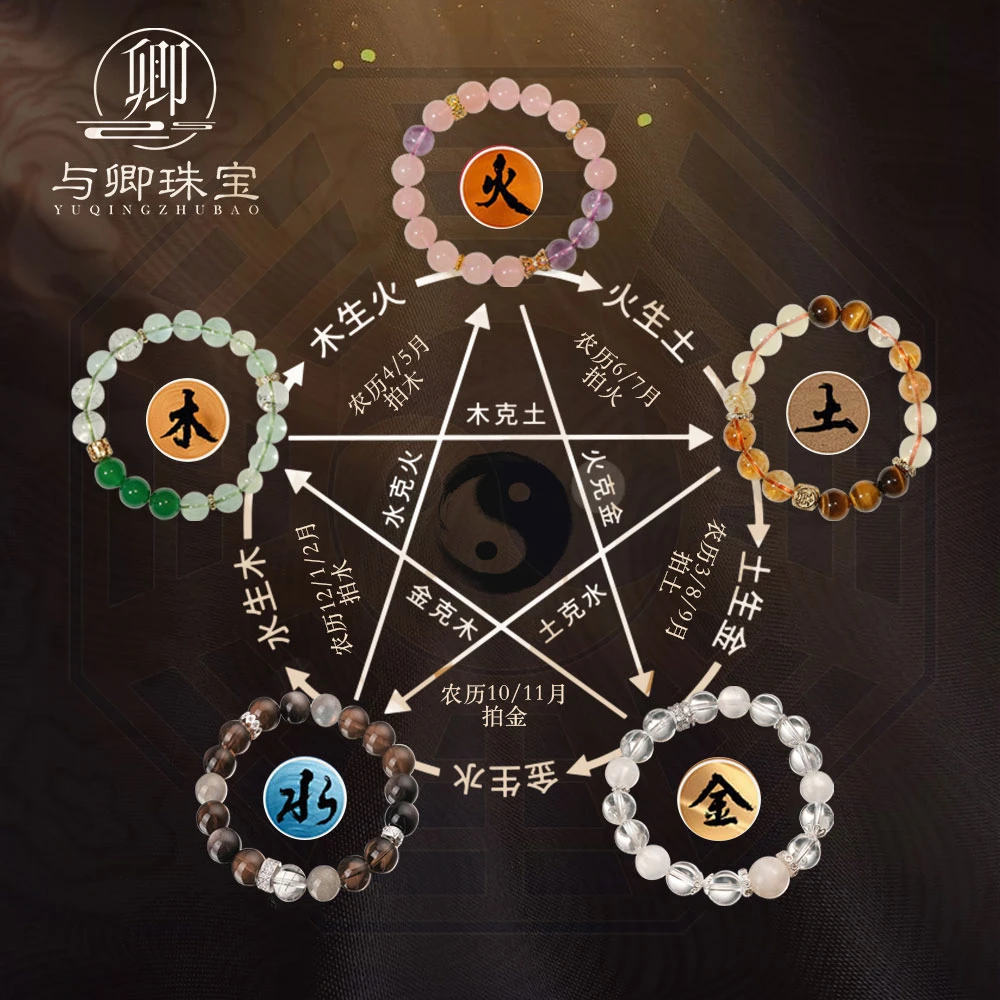 与卿珠宝 原创设计!五路财神金木水火土水晶手串 配礼盒证书