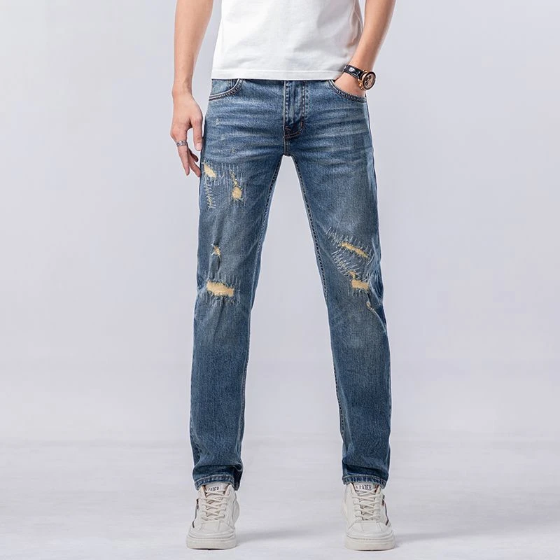 夏季爆款男士牛仔裤蓝色潮流修身破洞舒适直筒休闲潮牌新款裤子