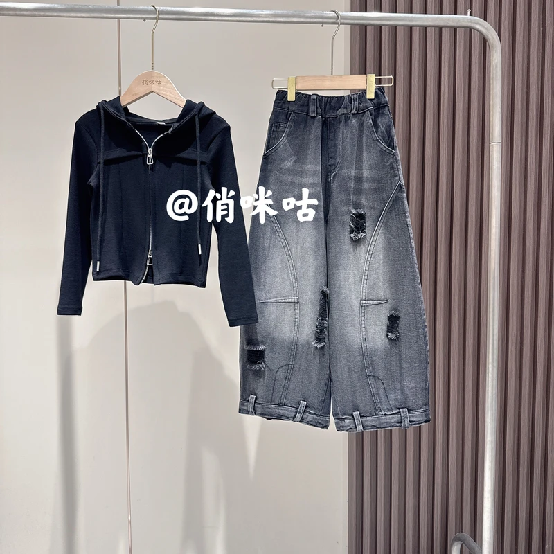 女童秋季新款甜美韩范连帽抽绳双拉链上衣黑色破洞牛仔裤两件套