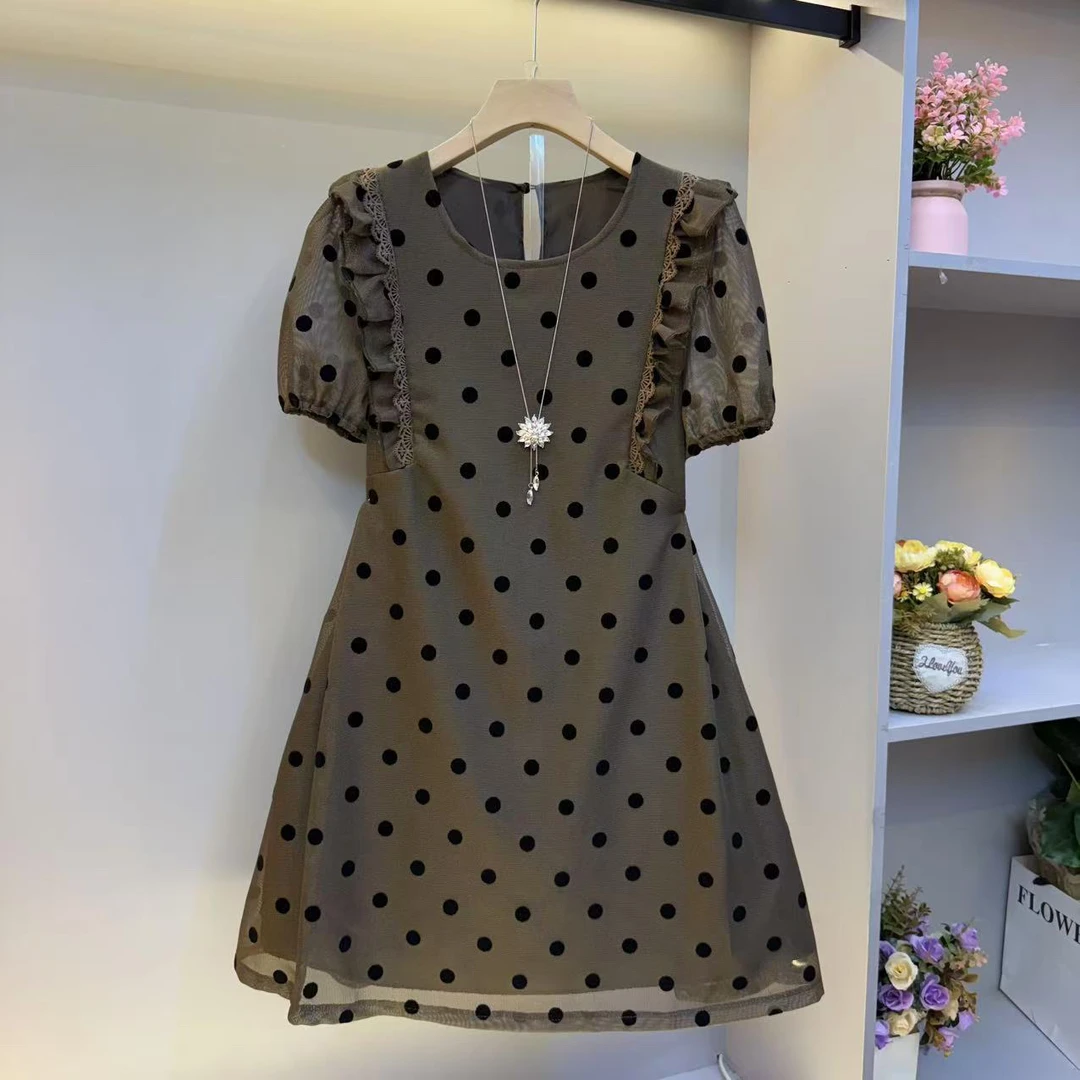 2025新款欧货波点网纱高级感木耳边泡泡袖显瘦连衣裙