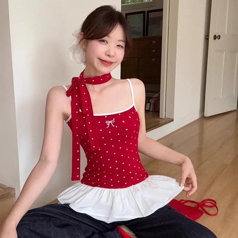 撞色拼接波点吊带背心女2025春季新款辣妹荷叶边蝴蝶结上衣显瘦