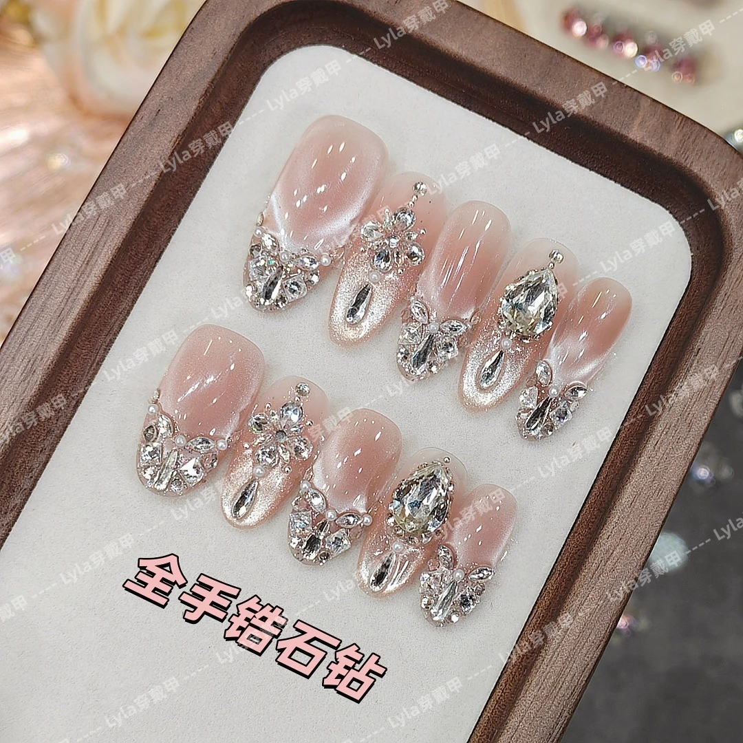 【维纳斯银纱】纯手工穿戴美甲猫眼光疗立体锆石钻爆闪蹦迪满钻