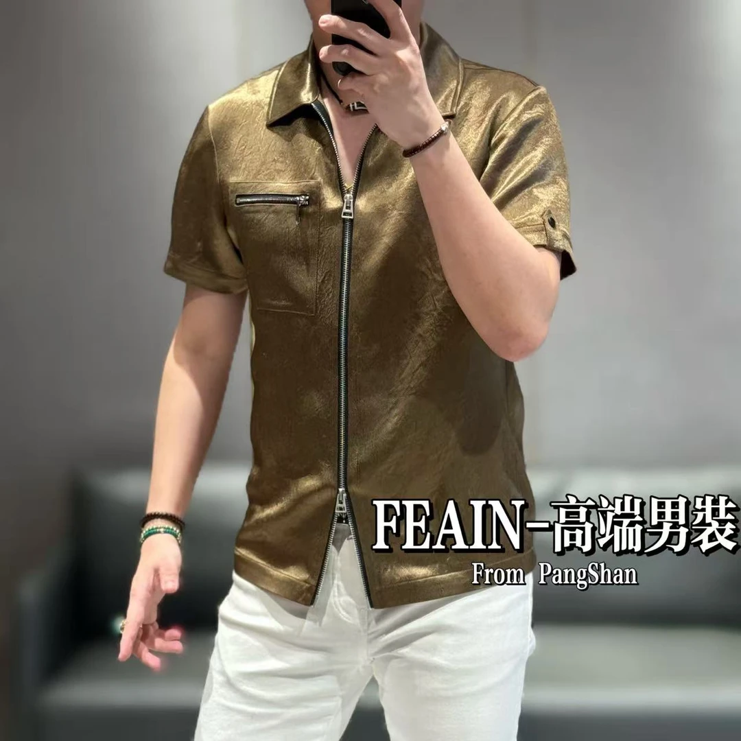 【100%真醋酸】进口醋酸斜纹琉璃纱工艺上下双开拉链短袖夹克2400