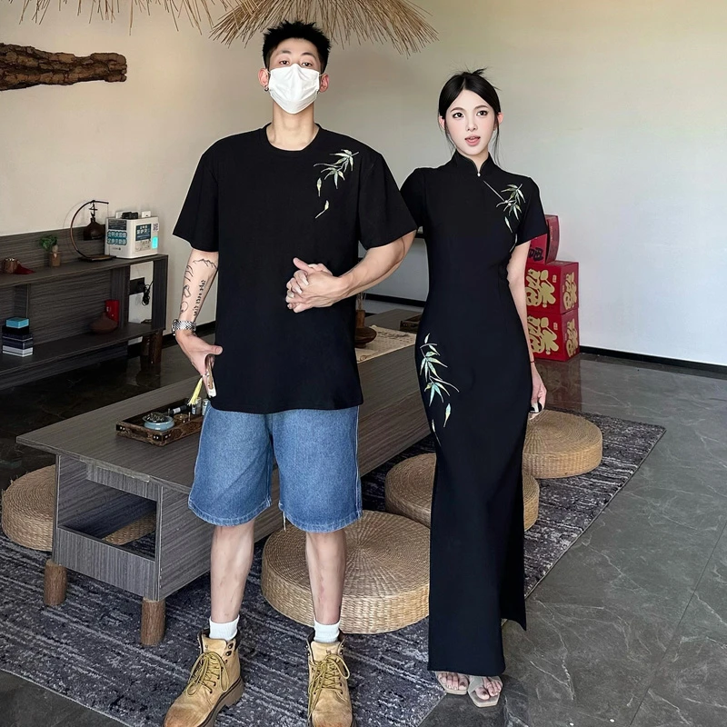 新中式情侣装改良旗袍连衣裙女刺绣国风修身显瘦开叉包臀长款裙子