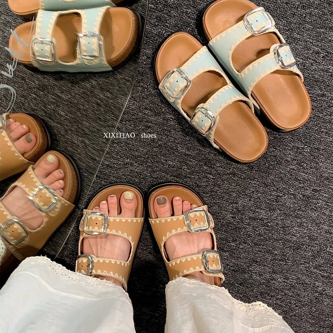 细细条 韩版网红厚底拼色凉拖鞋室外休闲时尚女夏双带度假沙滩鞋