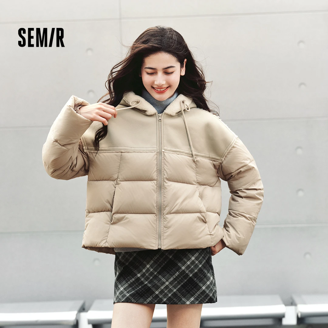 森马棉服女拼接宽松棉衣复古时尚2024冬季新款毛绒连帽面包服潮流