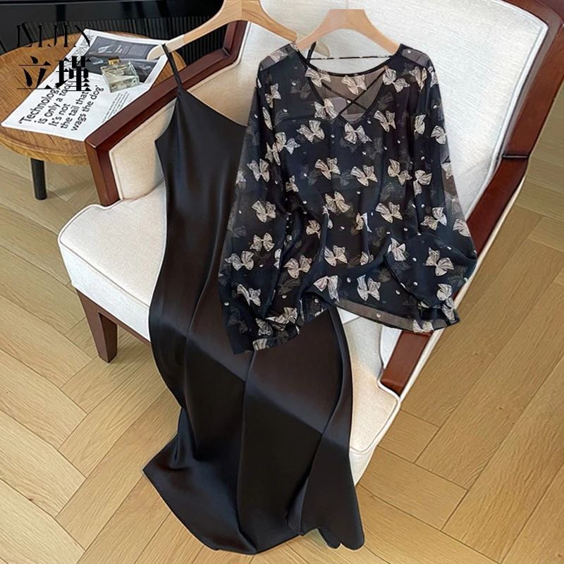 大码女装夏季胖mm遮肚子减龄独特漂亮碎花雪纺防晒衬衫吊带裙套装