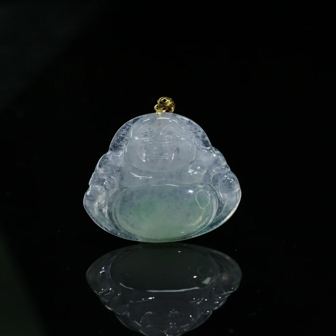4天然缅甸翡翠A货18K金扣冰种飘绿佛公/600169/上海嘉禾拍卖