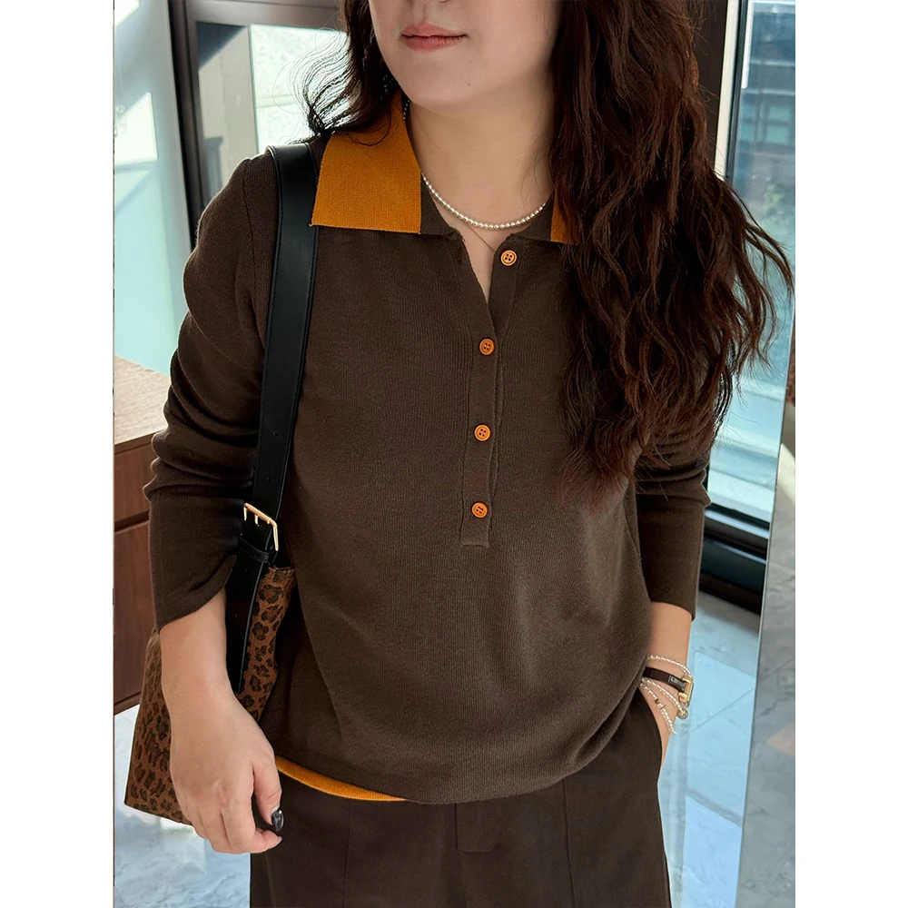 WenWen小个子韩系新款显瘦拼色翻领针织衫2025长袖毛衣上衣4459