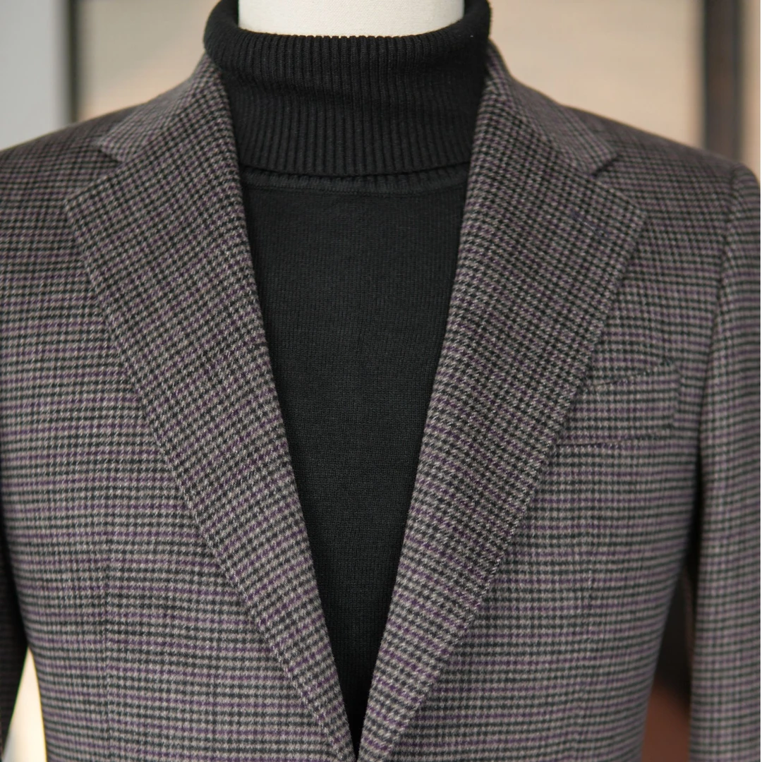 暗紫红维系格全羊毛高定秋冬西服时尚商务休闲修身西装男士格子