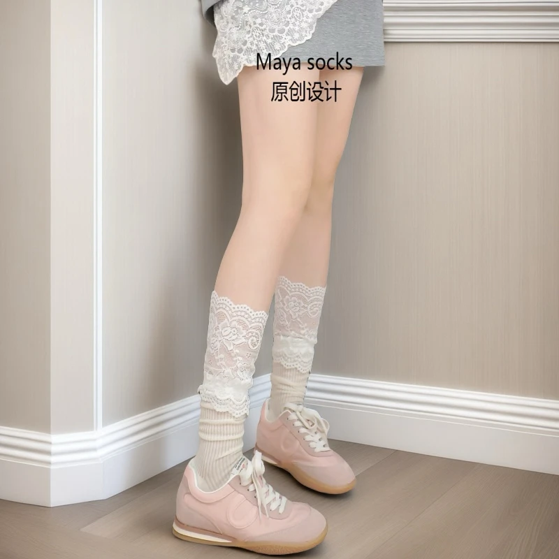 白色蕾丝堆堆袜女夏季薄款中筒袜纯色ins韩版小腿袜日系lolita