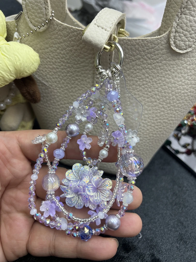 紫色系细闪珠玫瑰流苏钱袋造型手机链包挂饰高端独特