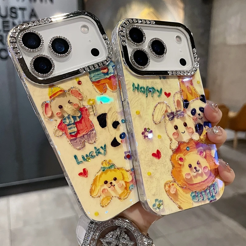适用苹果系列iPhone17新款手机壳可爱卡通Happy 獅子半钻大孔透气