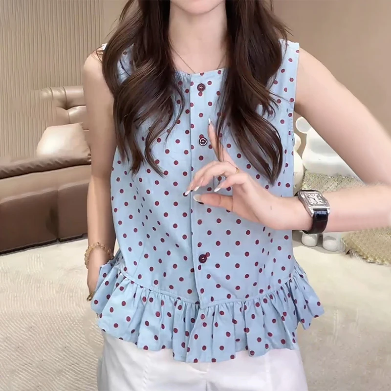 韩系时尚波点圆领无袖衬衫女2025夏季新款设计感休闲宽松百搭上衣