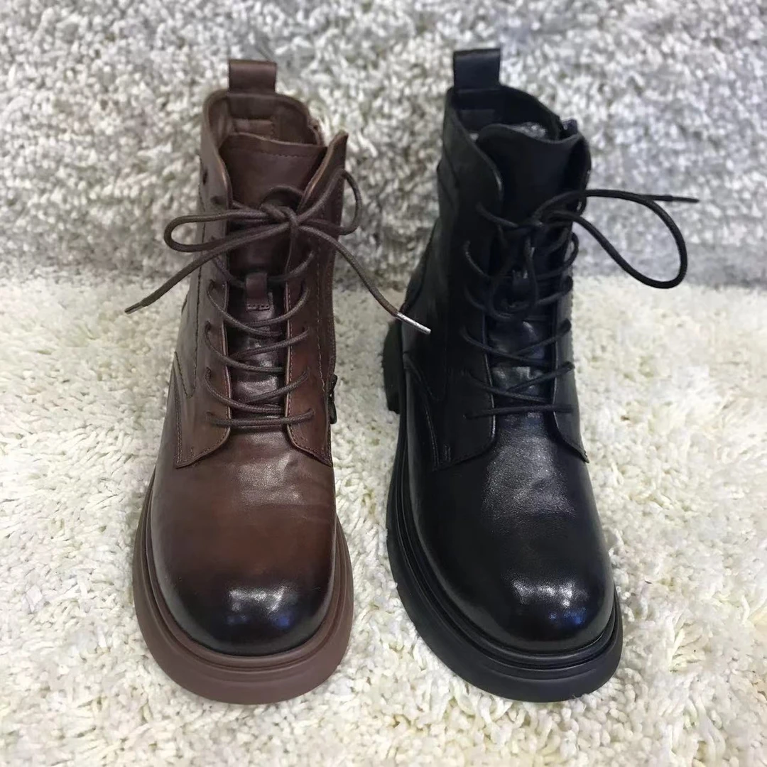 秋冬圆头侧拉链马丁靴休闲厚底靴子英伦风女鞋加绒女款