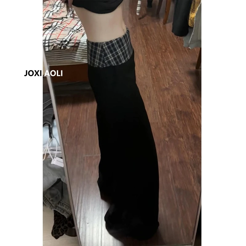 黑色腰头拼接格纹休闲裤女秋季设计感高腰慵懒垂感宽松显瘦阔腿