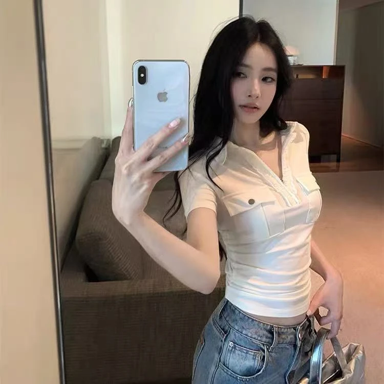 [6-8运补】时尚气质修身韩版V领休闲百搭纯色显瘦短袖T恤修身显瘦