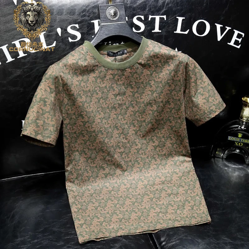 时尚休闲简约百搭小碎花男士短袖T恤2025春季新款潮流修身半袖男