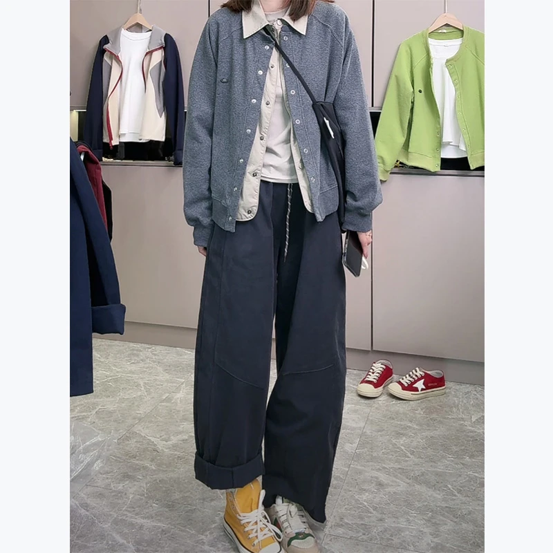 大码藏青色宽松休闲裤女秋季直筒胖mm显瘦高腰阔腿气球哈伦裤