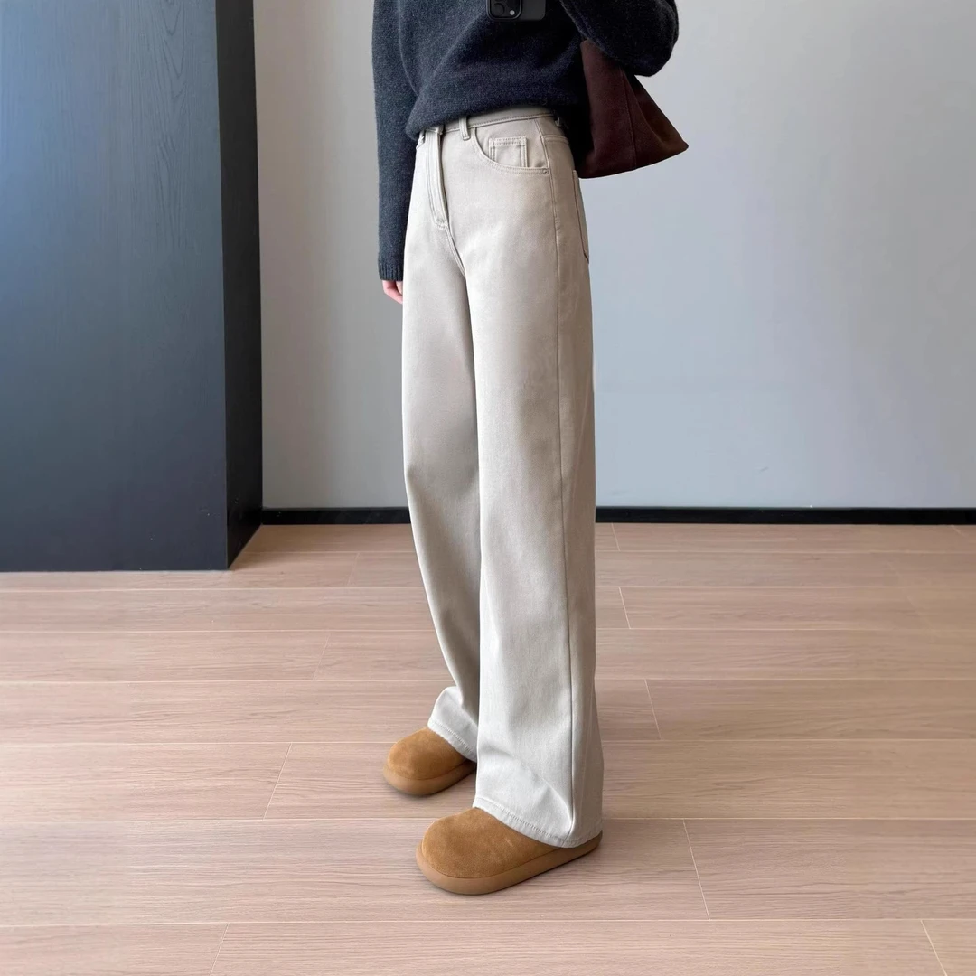 热绒奶茶裤~加绒加厚高腰水洗垂感窄版直筒牛仔裤女25秋冬G123009