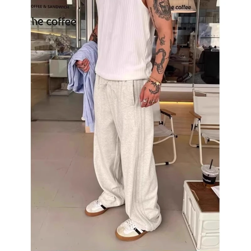 加肥大码300斤美式拼接条纹运动卫裤男装秋季薄款宽松抽绳休闲裤2