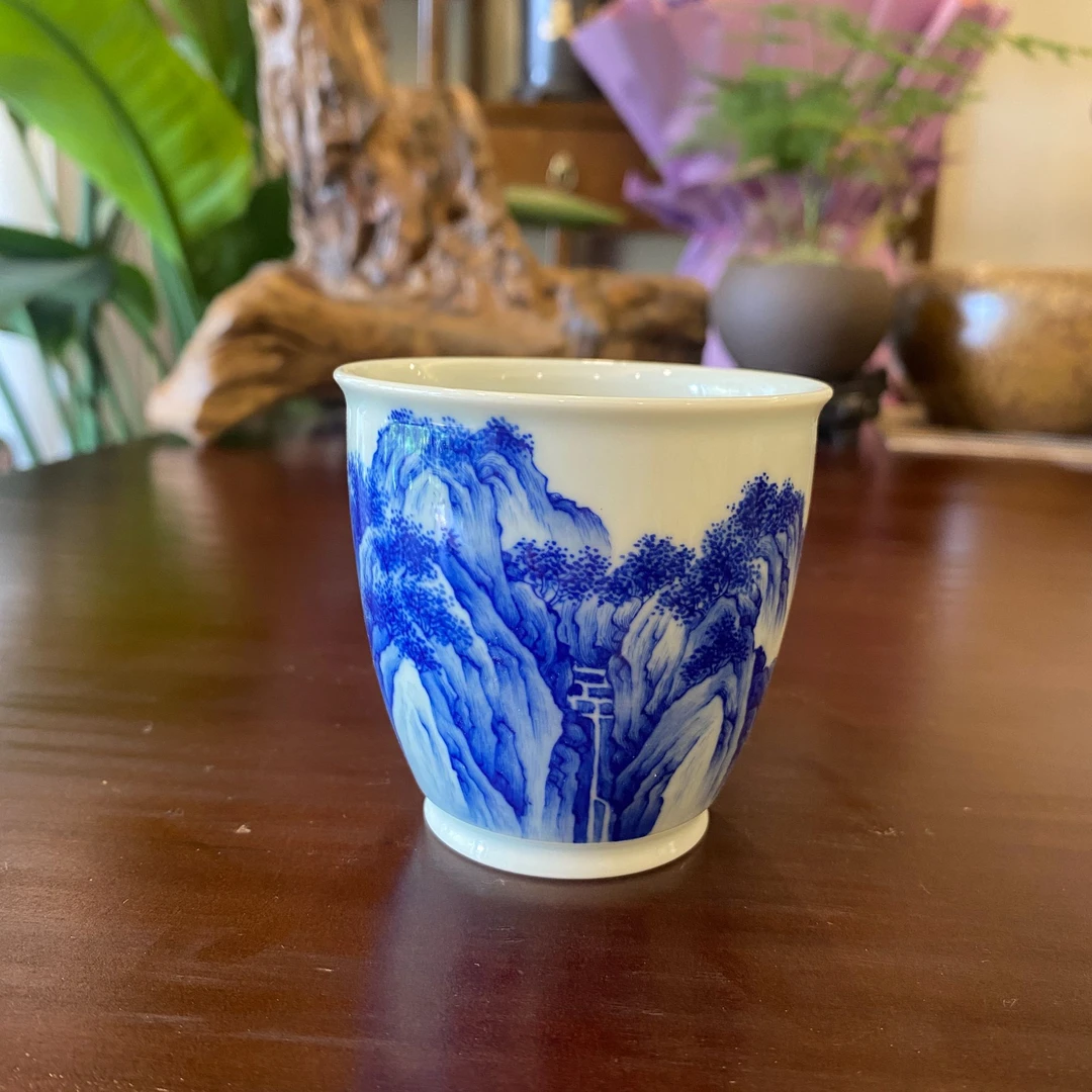 【四悦茶陶】山水直口杯 景德镇陶瓷手工手绘 容量100毫升