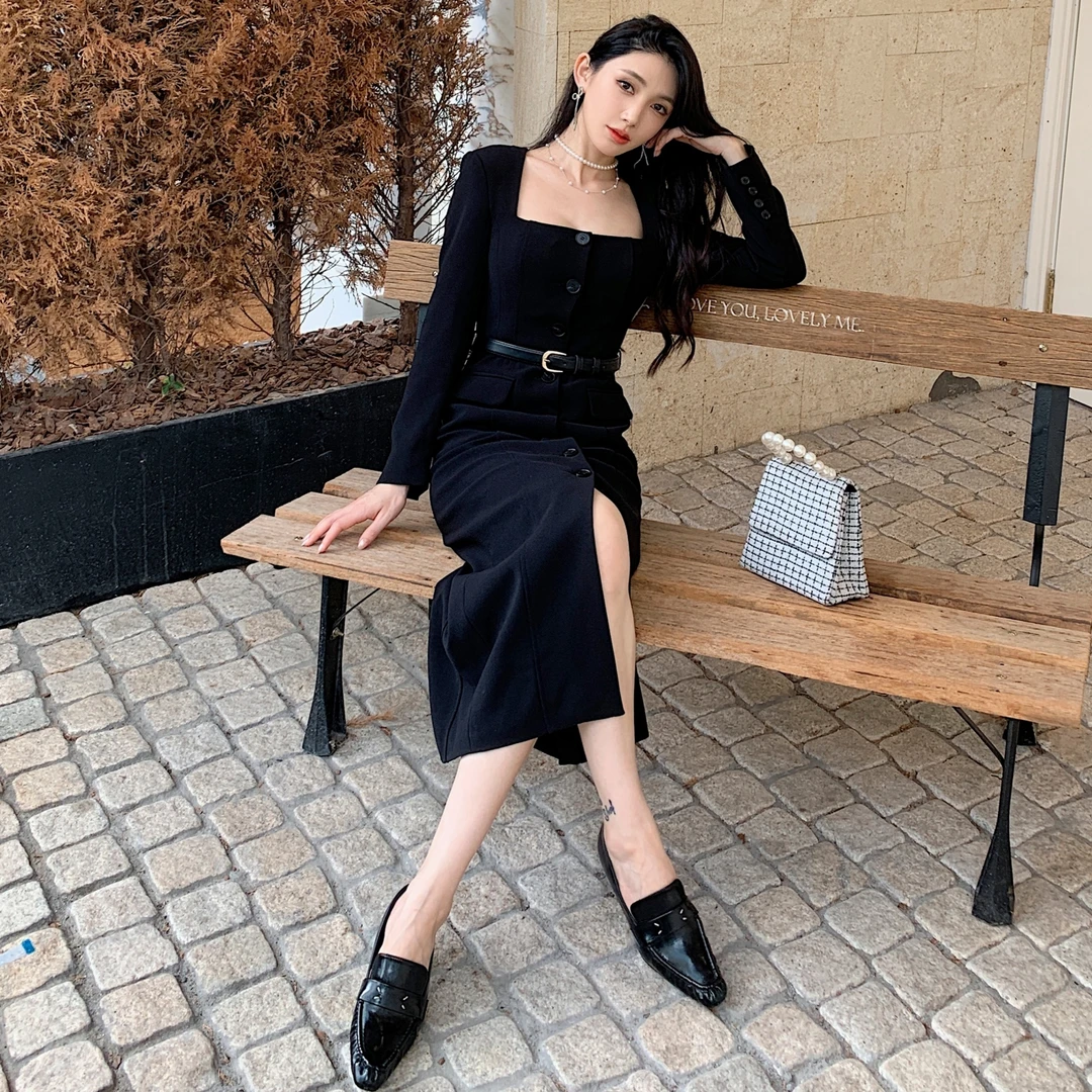 2025新款女装黑色方领长袖连衣裙简约通勤OL修身显瘦气质长裙
