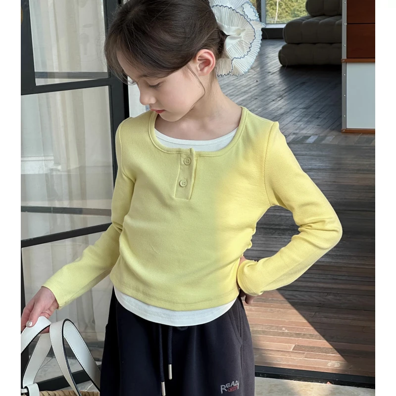 女童长袖T恤春秋季新款儿童中大童时尚韩版假两件拼接打底衫纯棉