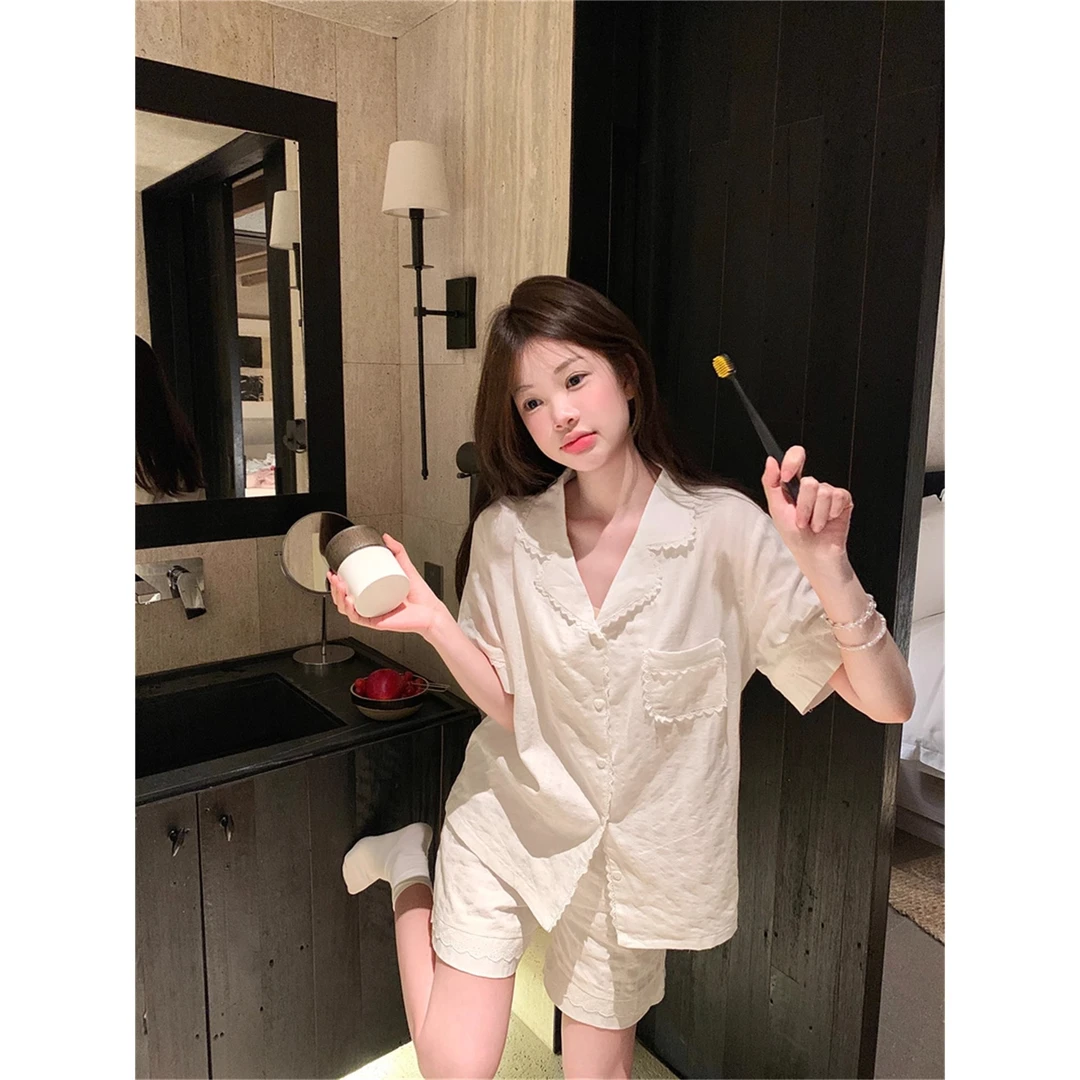【少女风白色】韩版开衫睡衣2025夏季新款短袖短裤家居服翻领套装