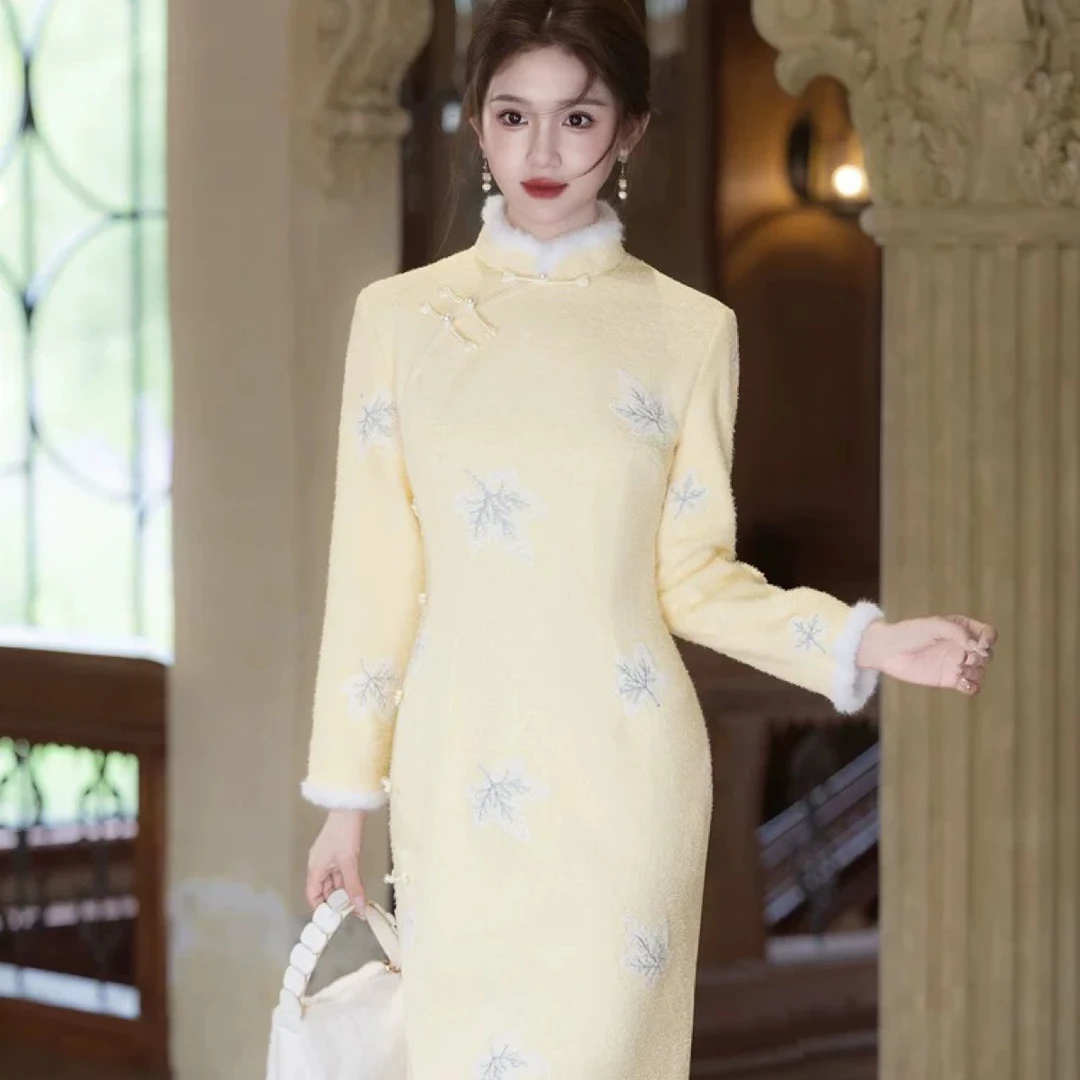 【2984 一叶暴富 黄色】（加绒加厚）显瘦气质修身优雅复古旗袍