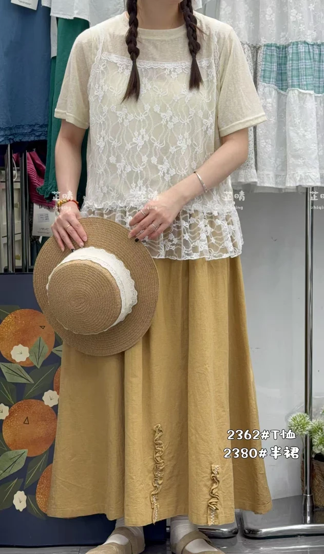 ZQ（2362）日系假两件蕾丝短袖T裇  FL