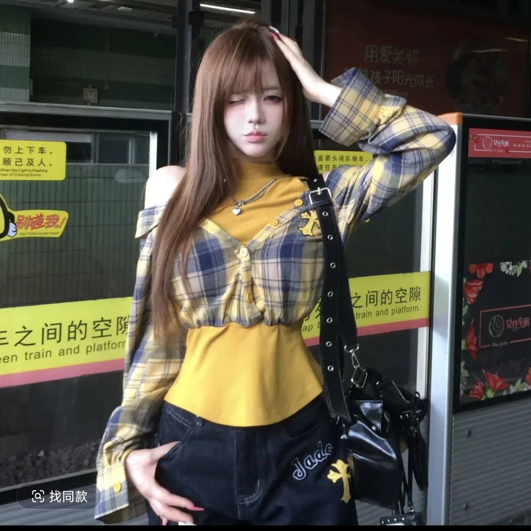 美式复古格纹拼接假两件露肩长袖衬衫女秋季新款高级感甜辣妹上衣