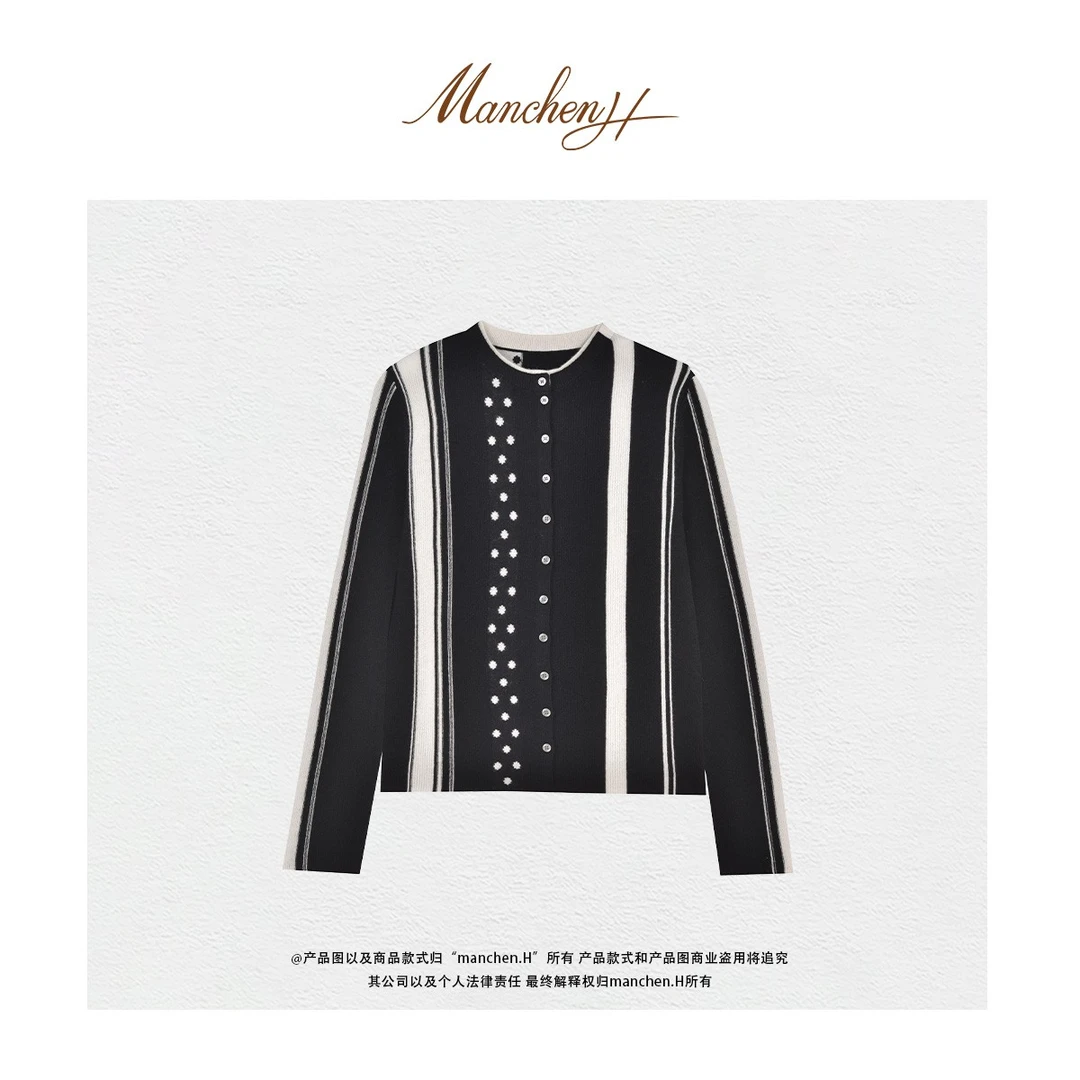 曼辰manchenh"黑白契约"重磅波点竖条纹不规则高级羊绒针织上衣
