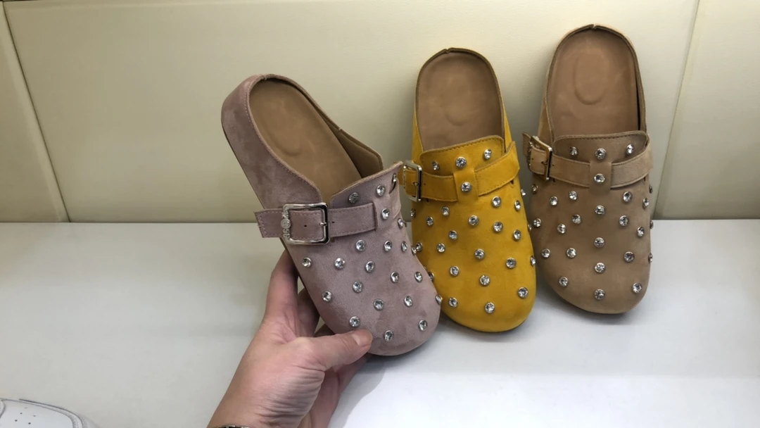 欧诗A030磨砂反绒圆头包头拖鞋水钻皮带扣厚底时尚懒人鞋女春季