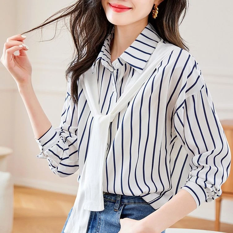 2025披肩条纹雪纺衬衫女士装初春秋季新款设计感小众法式通勤上衣
