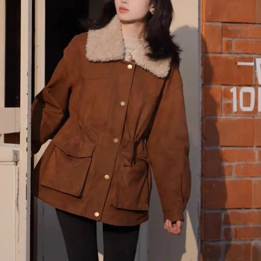 欧货加厚收腰棉衣女2025秋冬新款中长款宽松加棉鹿皮绒派克服外套