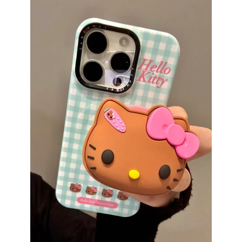 韩系ins绿白格纹黑皮猫咪磁吸适用iphone16promax苹果15pro手机壳