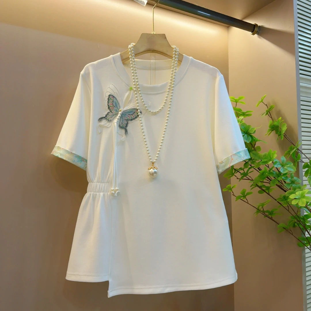 欧货重工蝴蝶不规则气质洋气国风百搭短袖T恤打底上衣（长59左右